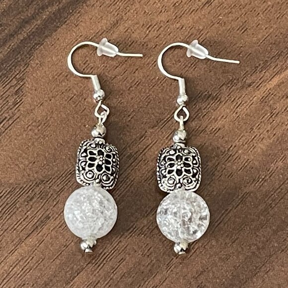 Cracked Quartz Antiqued Silver Pierced Drop Earrings - Picture 1 of 4